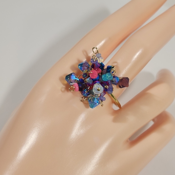 ◇ Genuine Artisan 14KGF With Ethiopian Opals & Swarovski Crystals Cluster Ring - Picture 5 of 15